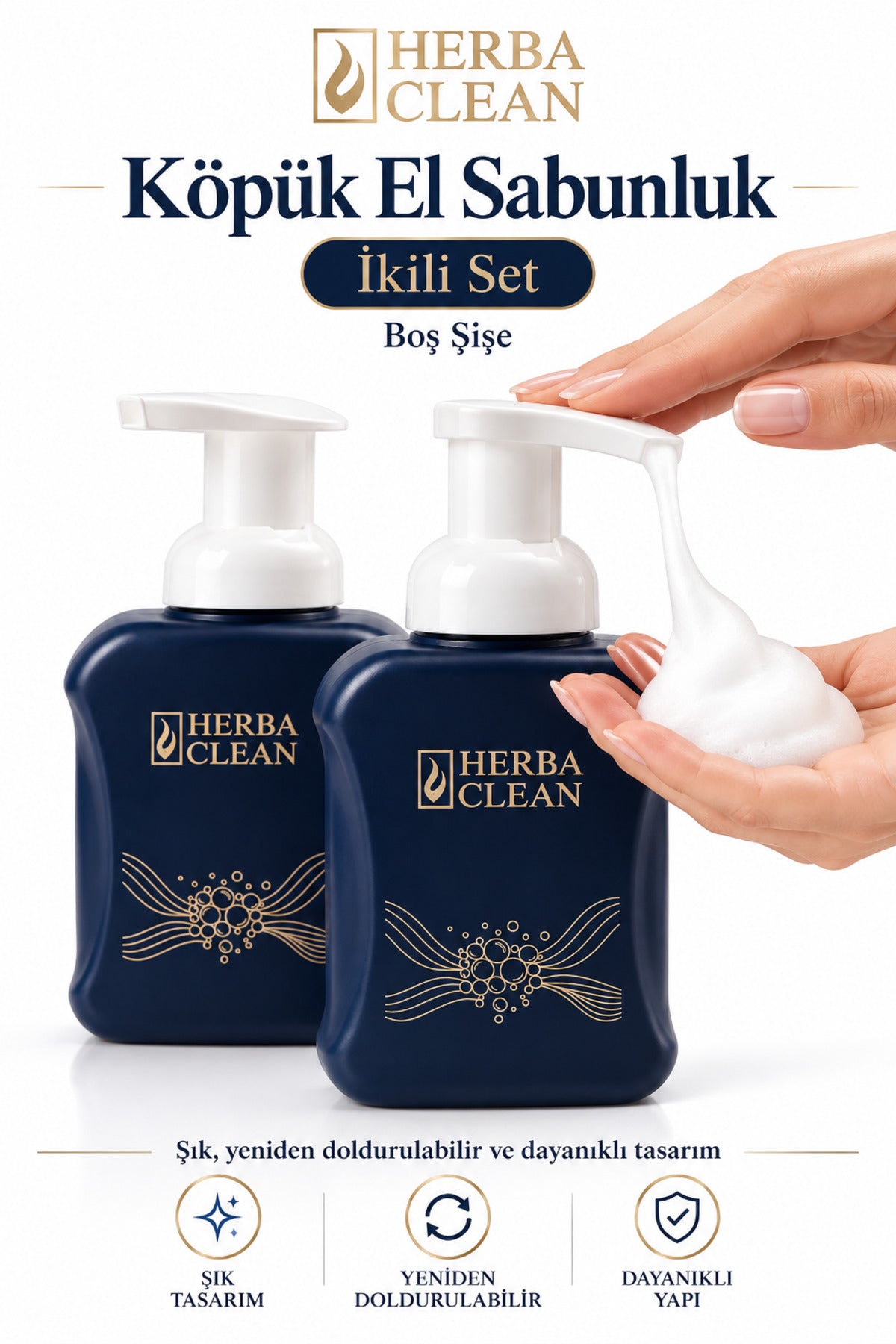 Herbaclean köpük pompalı boş şişe — kullanım görünümü